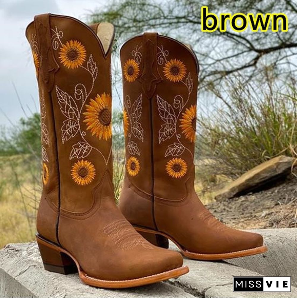 Women's Boot Sunflower Embroidery Cowboy Boots for Women Thick Heel Leather Boots Plus Size 35-43