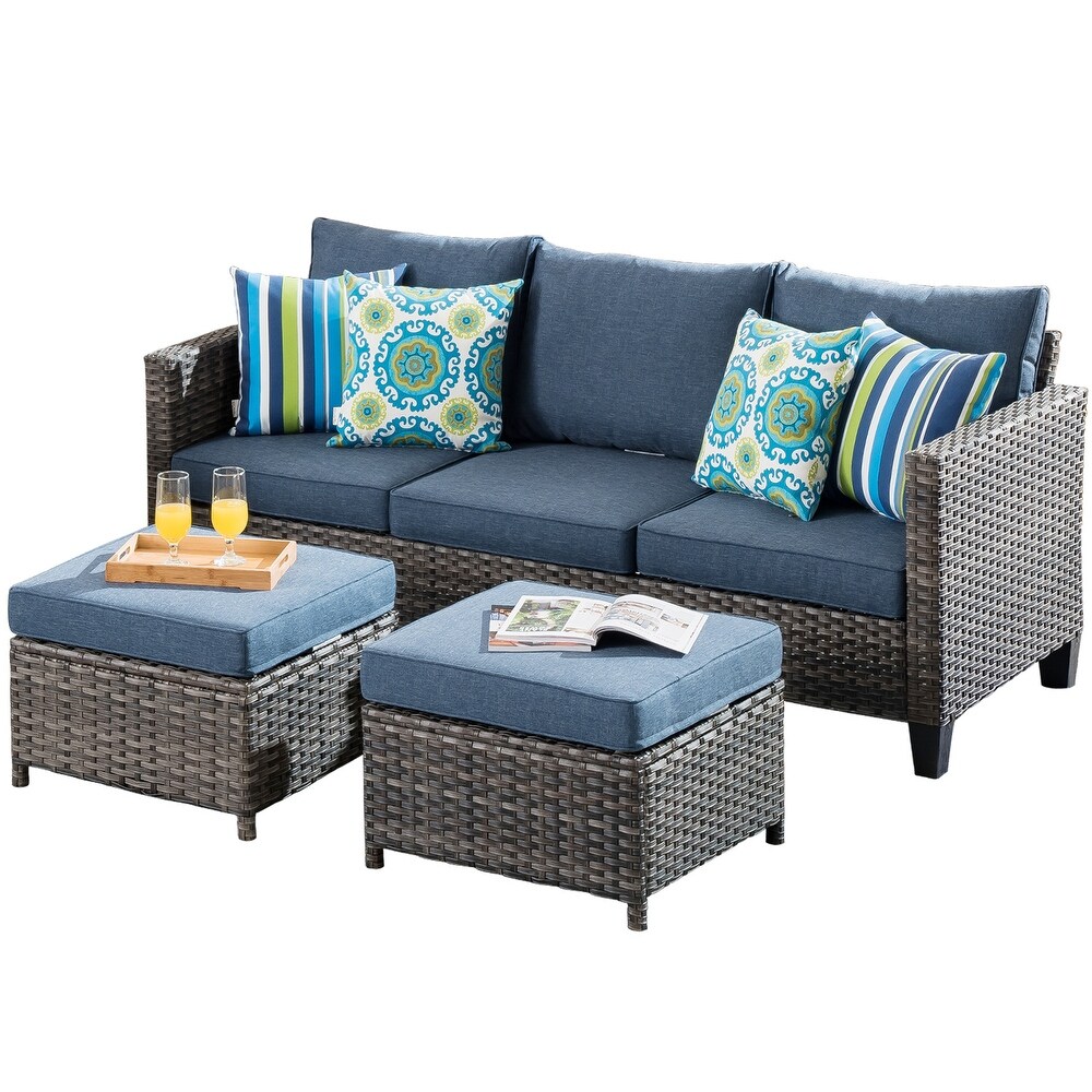 OVIOS 3 piece Outdoor High back Wicker Sectional Ottoman Set