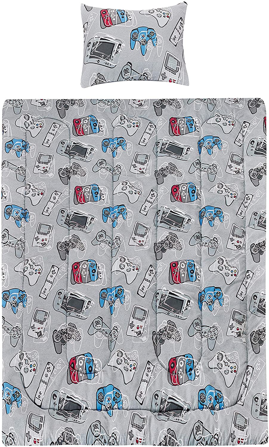 Kids Rule 5 Piece Gamer Glow in The Dark Bedding Set， Game Controllers Print， Blue， Grey - Twin