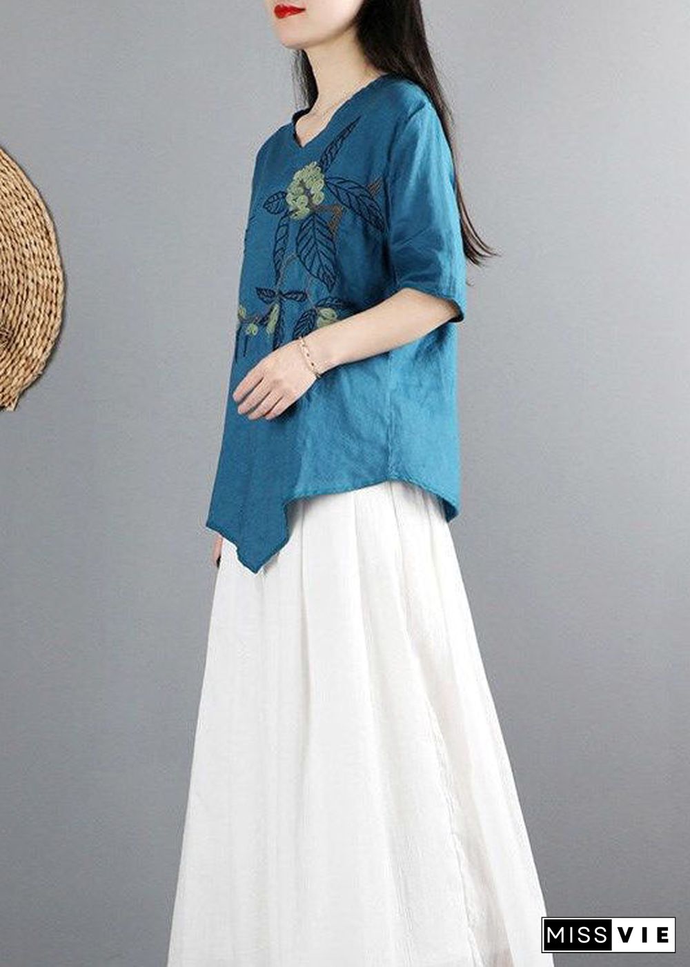 Peacock Blue Cotton Shirt Tops V Neck Tie Waist Short Sleeve