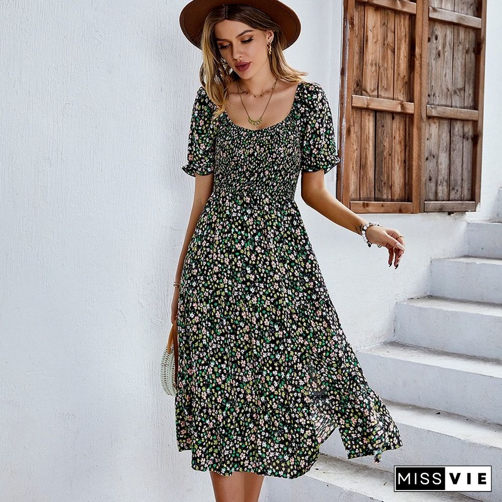 Casual Bohemian Print Dress Women Summer Dresses New Empire Crew Neck Short Petal Sleeves Large Hem Split A-line Midi Dress