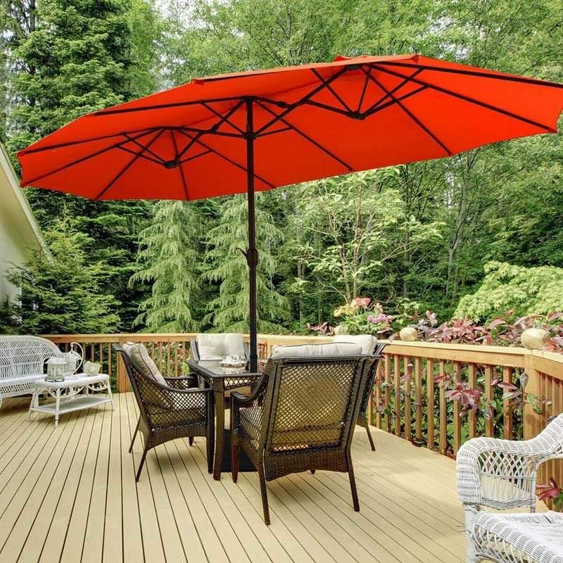 15 FT Ultra-large Double Sided Steel Outdoor Market Patio Umbrella with Base, UV Sun Protection & Easy Crank