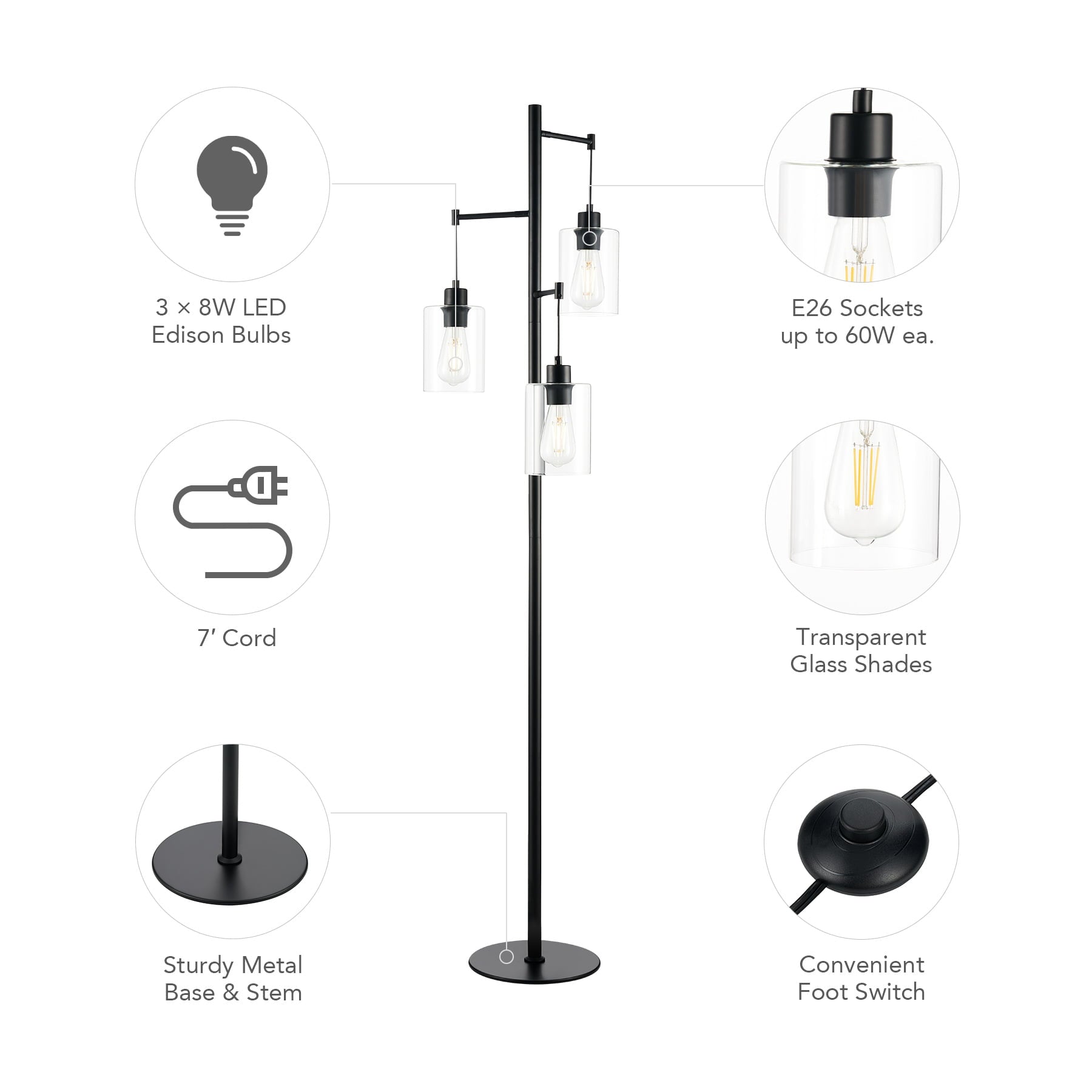 64in Tall Floor Lamp for Living Room Reading Light with Glass Shades, Black