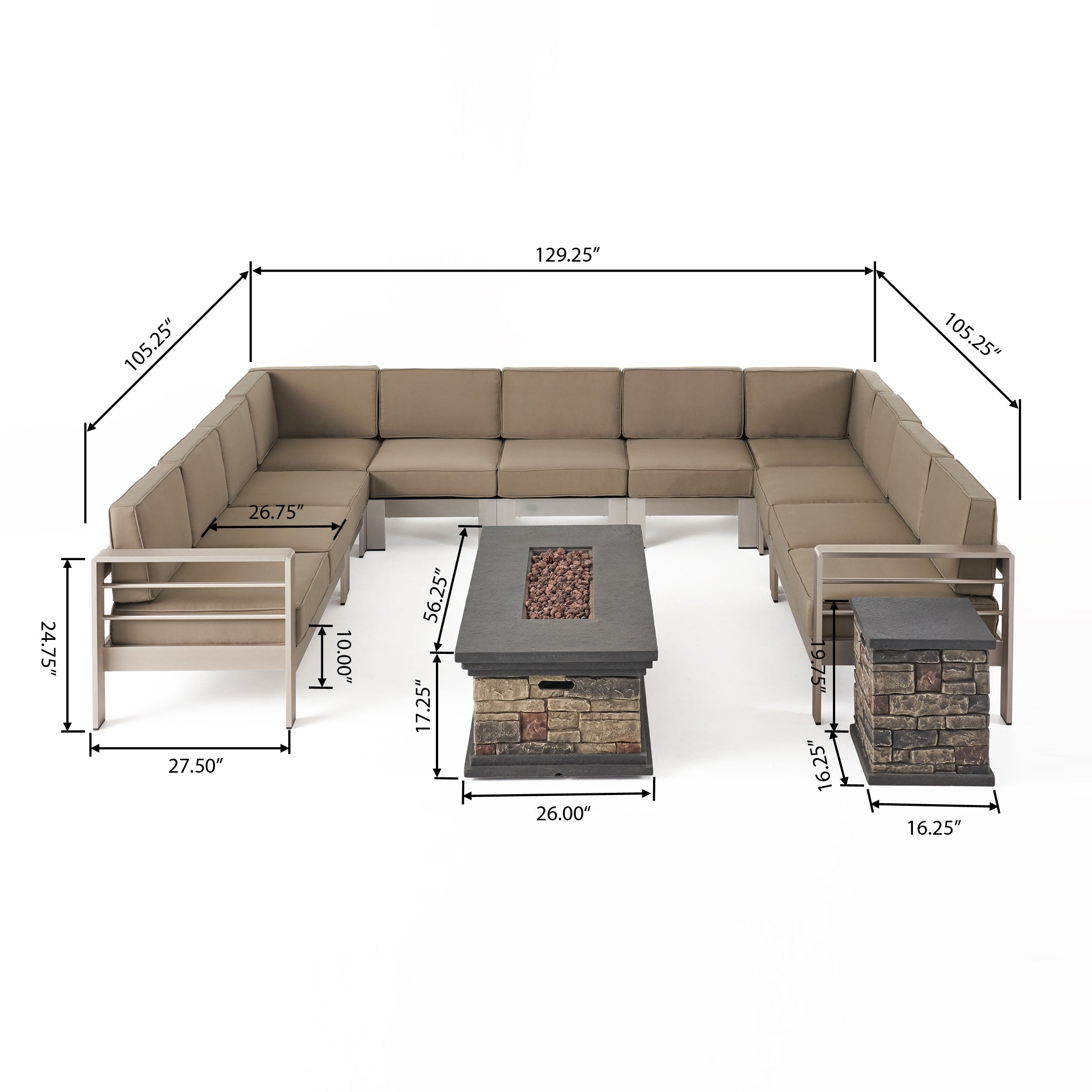 Pag Outdoor 11 Seater Aluminum U-Shaped Sofa Sectional and Fire Pit Set