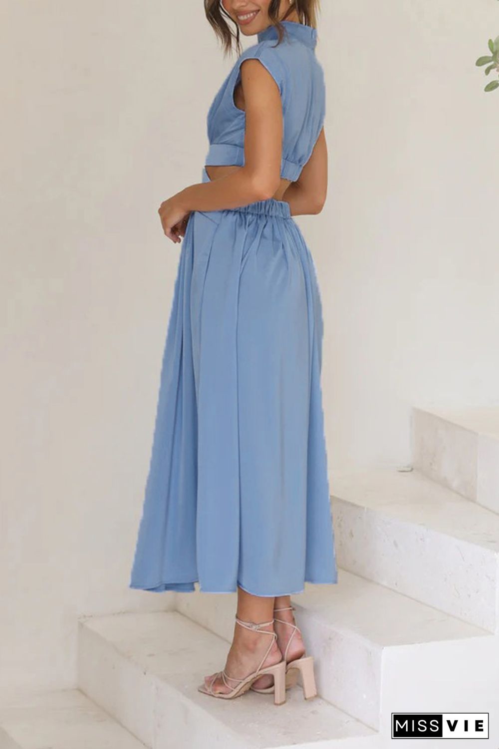 Plain Frilled High Collar Cut Out Waist Maxi Dress