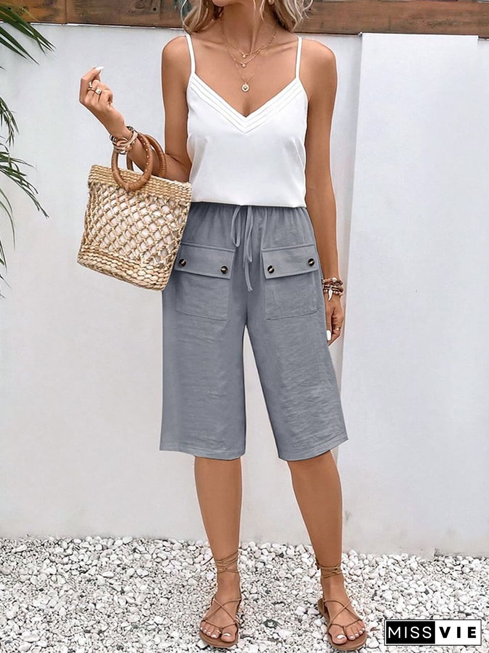 Solid Color Double Pocket Lace Loose Casual Cropped Pants