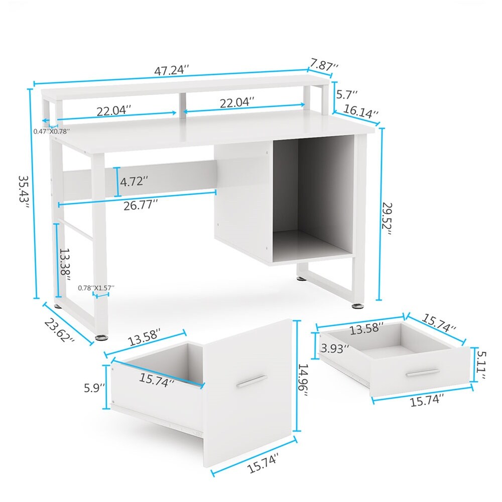 47 Inches White Computer Desk with Hutch  Home Office Desks with 2 Drawers Storage