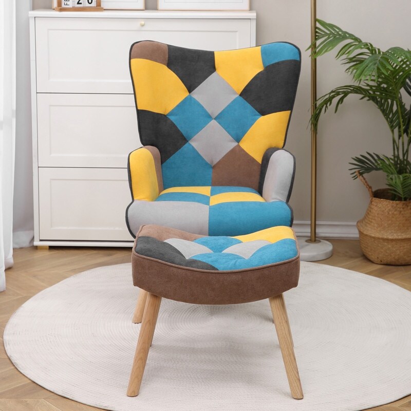 Creative Splicing Cloth Surface Accent Ottoman Chair Set  Comfy Side Armchair for Living Room