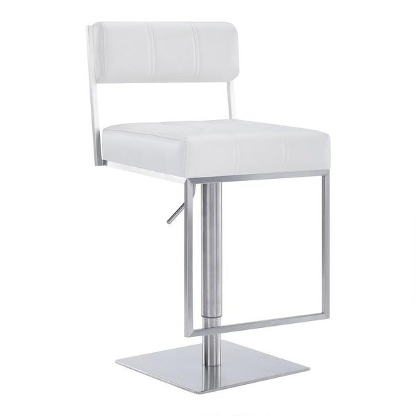 35 Inch Metal and Leatherette Barstool， Silver and White - 35 H x 17 W x 22 L Inches