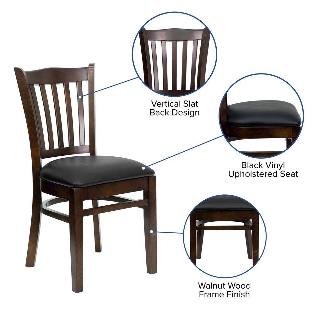 Flash Furniture Hercules Series Walnut Vertical Slat Back Wooden Restaurant Chair with Black Vinyl Seat XUDGW08VRTWABKV