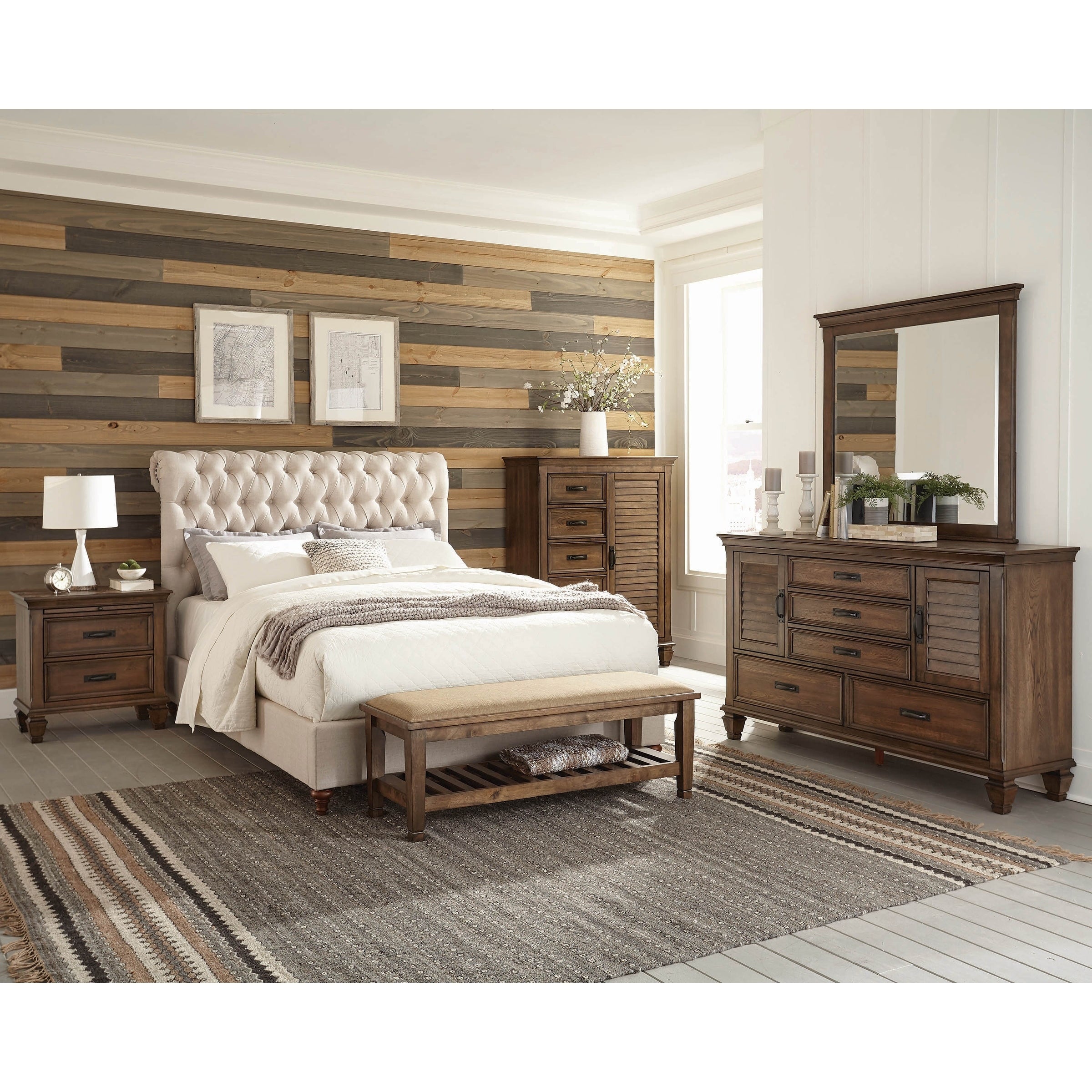 Clemence Burnished Oak and Beige 6-piece Panel Bedroom Set - - 28293065