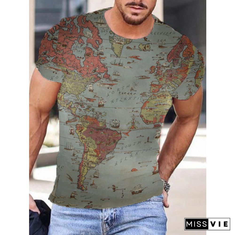 Trendy Men's Round Neck Slim Fit T-shirt Personalized Map Print Short Sleeve