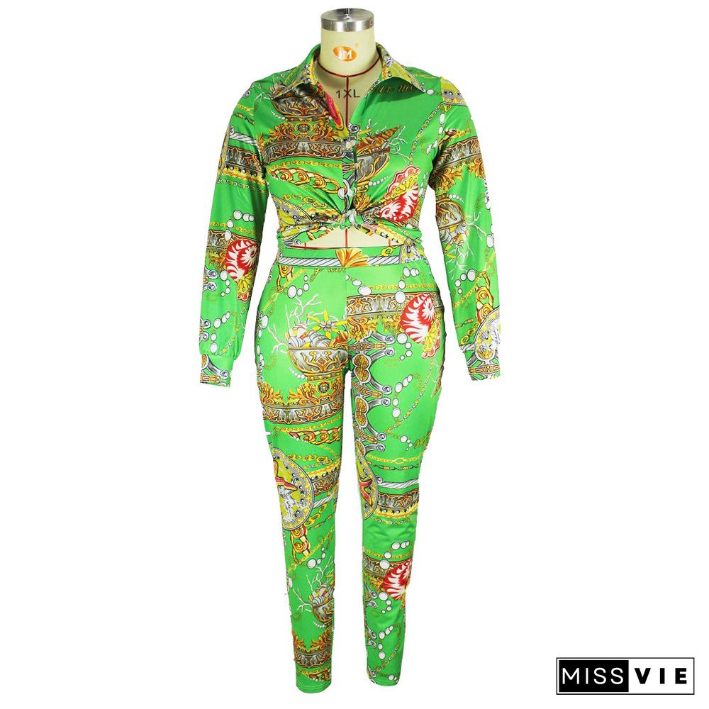 Plus Size Print Turn Down Shirt Top Pencil Pants Suit