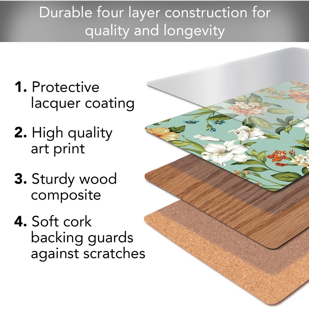 Temple of Flora Decorative Hardboard Cork Back Tabletop Placemats  4 Pack  Manufactured in The USA  Heat Tolerant