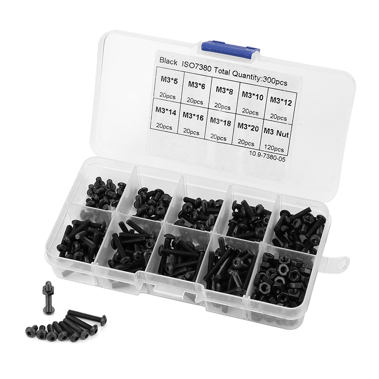 300pcs M3 Black 10.9 Grade Button Head Hex Socket Screw Bolt Nut Assortment Kit