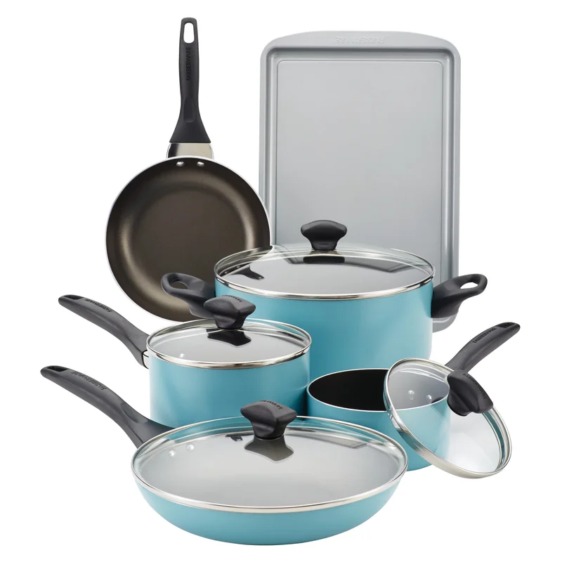 Farberware 21894 Dishwasher Safe 15-Piece Aluminum Nonstick Cookware Set in Aqua