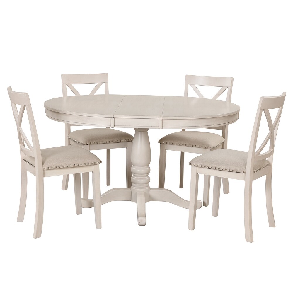 Breakfast Nook 5 Piece Dining Sets with Round Extendable Dining Table and Cross Back Upholstered Dining Chairs  for Lving Room