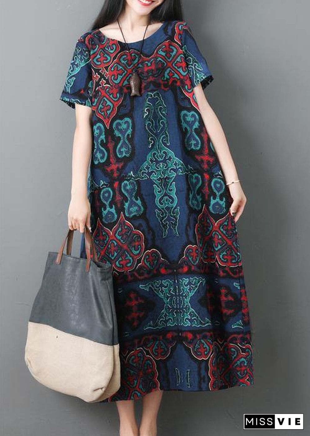 Women blue prints cotton Robes o neck Maxi summer Dresses