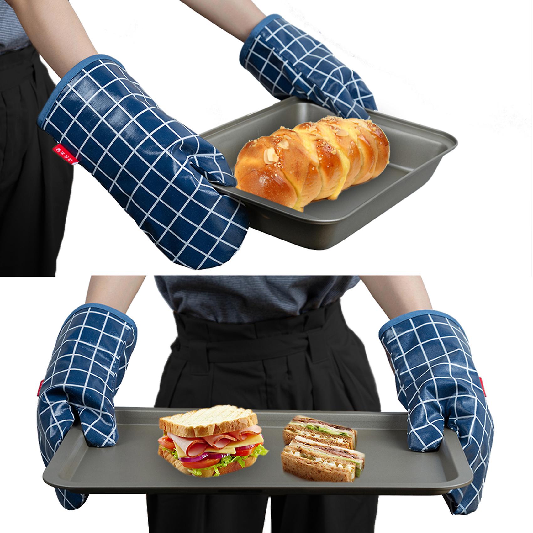 5pcs Oven Mitts Pot Holders With Pocket And Apron Cotton Lining Silicone Coating Surface Heat Resistant Kitchen Glove With Printed Grids Pattern Water