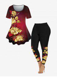 Golden Rose Print Ombre Tee and Leggings Plus Size Matching Set Outfit