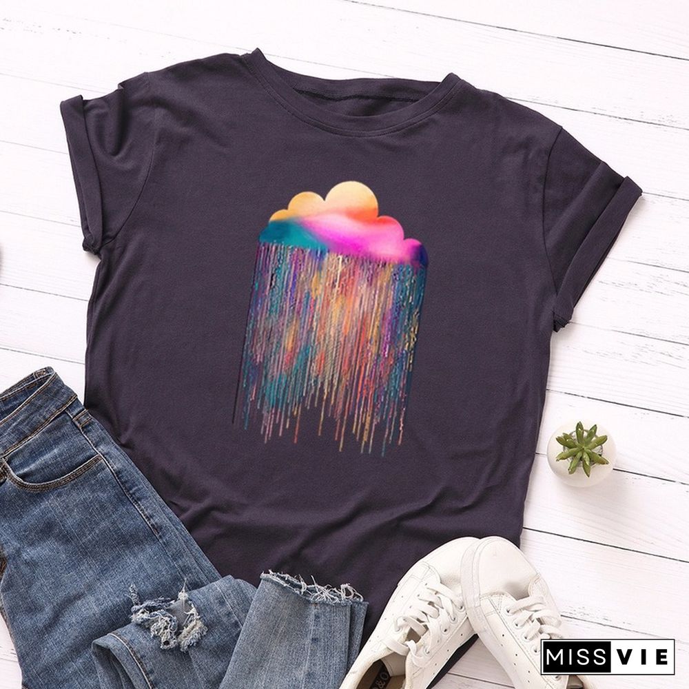 JCGO Summer Cotton Women T Shirt S-5XL Versatile Colorful Cloud Print Short Sleeve Tees Tops Casual Simple O-Neck Female TShirts