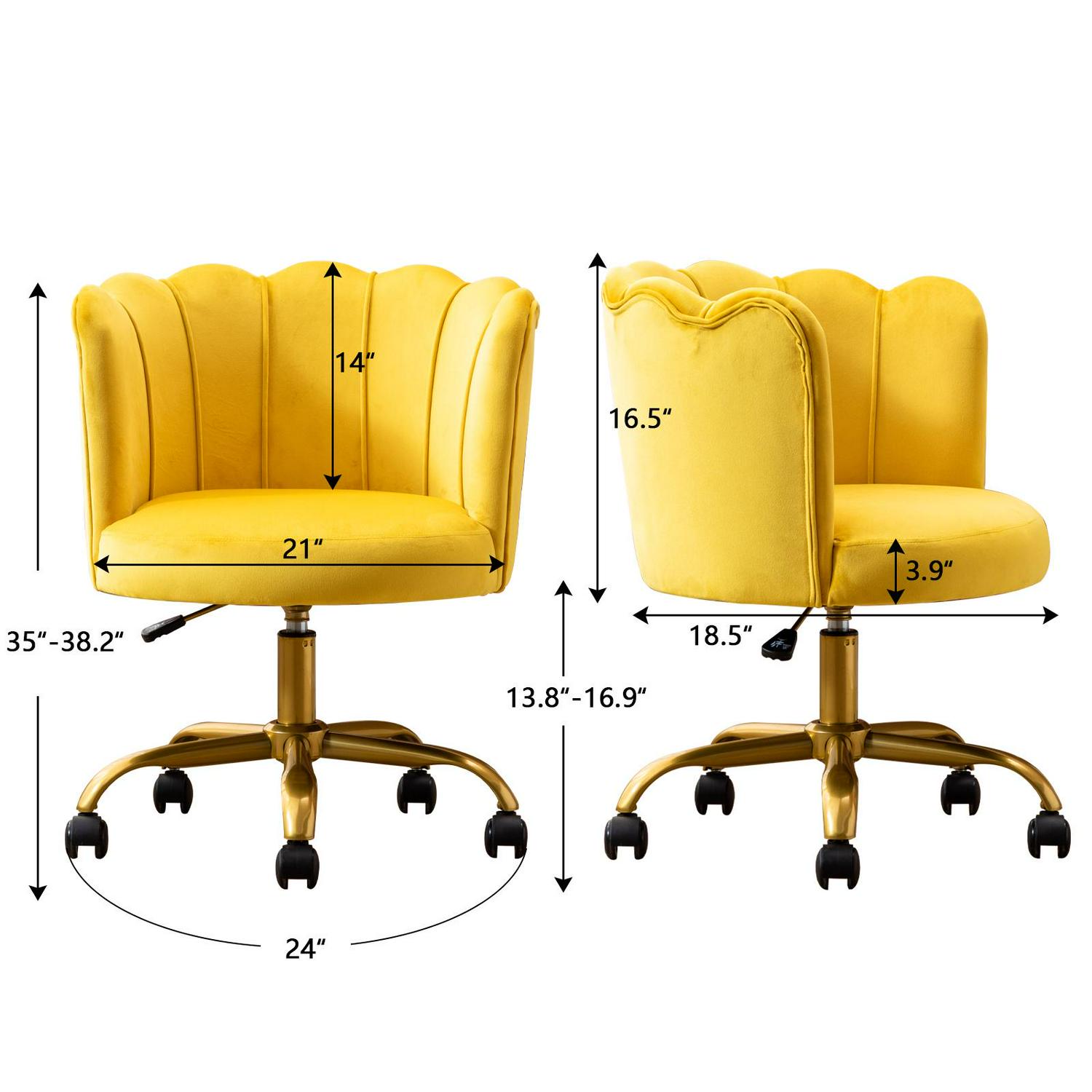 Office Task Chair， Comfortable Velvet Desk Chair Upholstered Swivel Rolling Vanity Chair Height Adjustable for Makeup Room， Living Room， Bedroom， Yellow