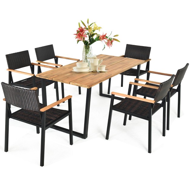 Costway 7pcs Patio Rattan Patented Dining Chair Table Set Solid Wood Frame Umbrella Hole