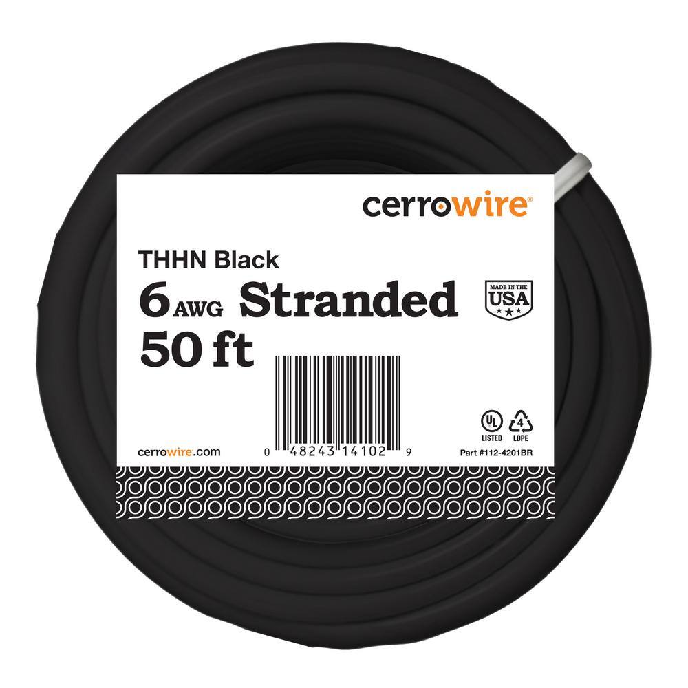 Cerrowire 50 ft. 6 Gauge Black Stranded Copper THHN Wire 112-4201BR