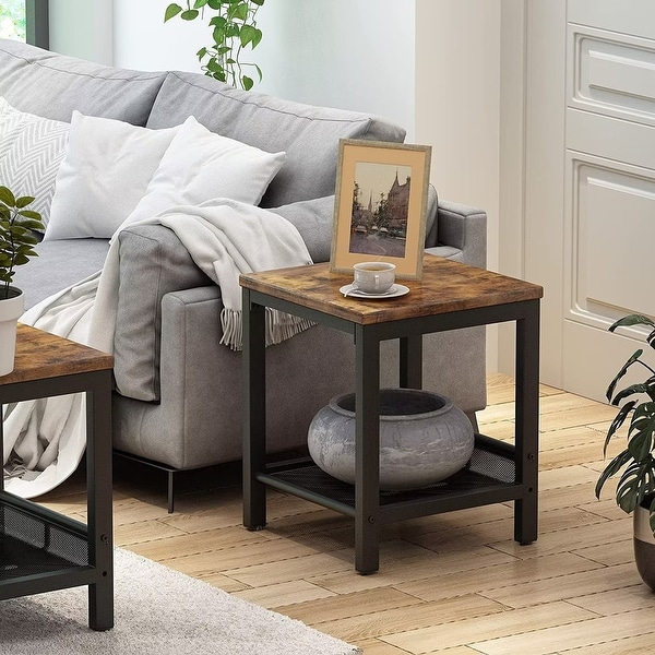 Industrial Side Table， 2-Tier Nightstand with Mesh Storage Shelf， Sofa Couch End Table for Living Room， Bedroom