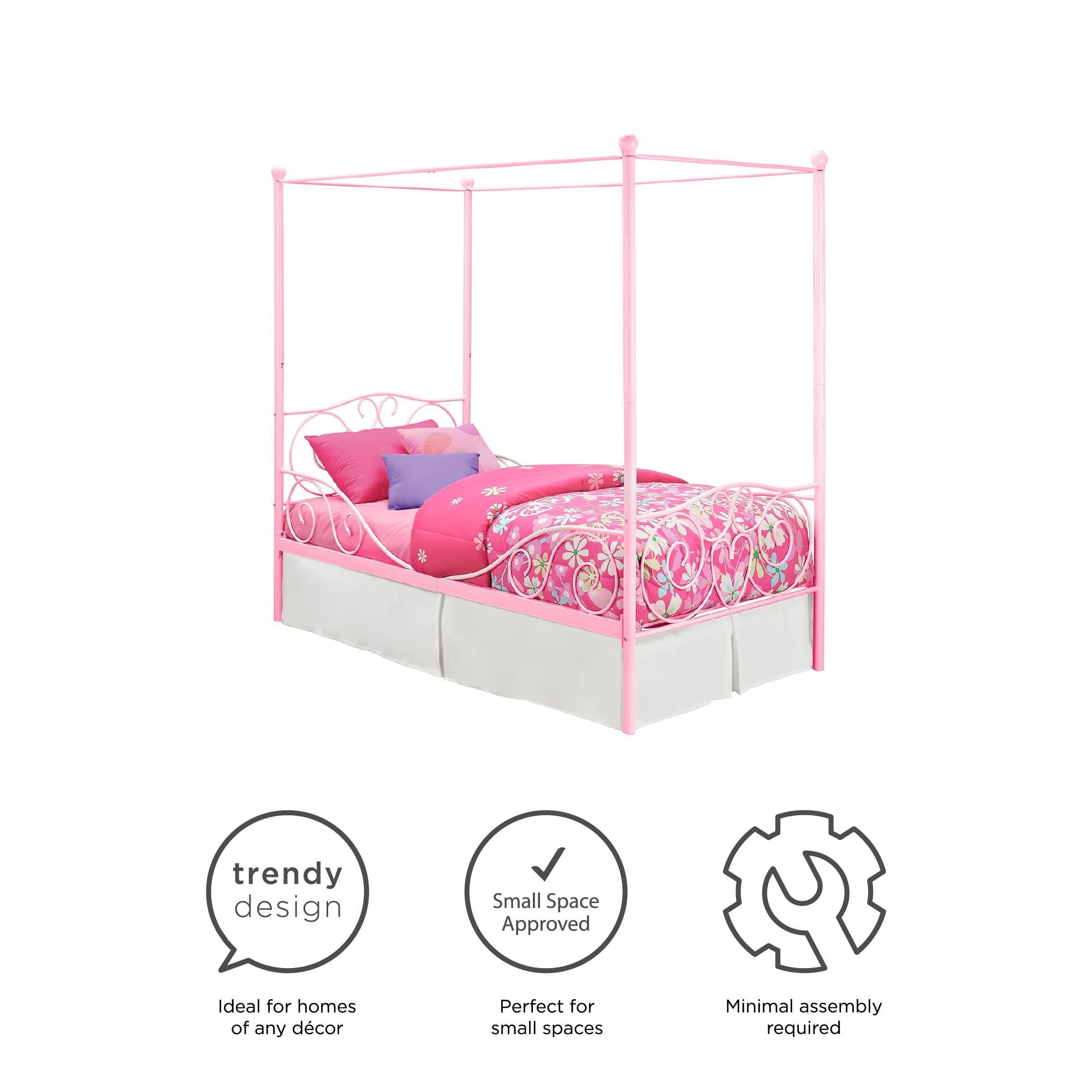 Elm & Oak Metal Canopy Kids Poster Bed, Twin, Pink