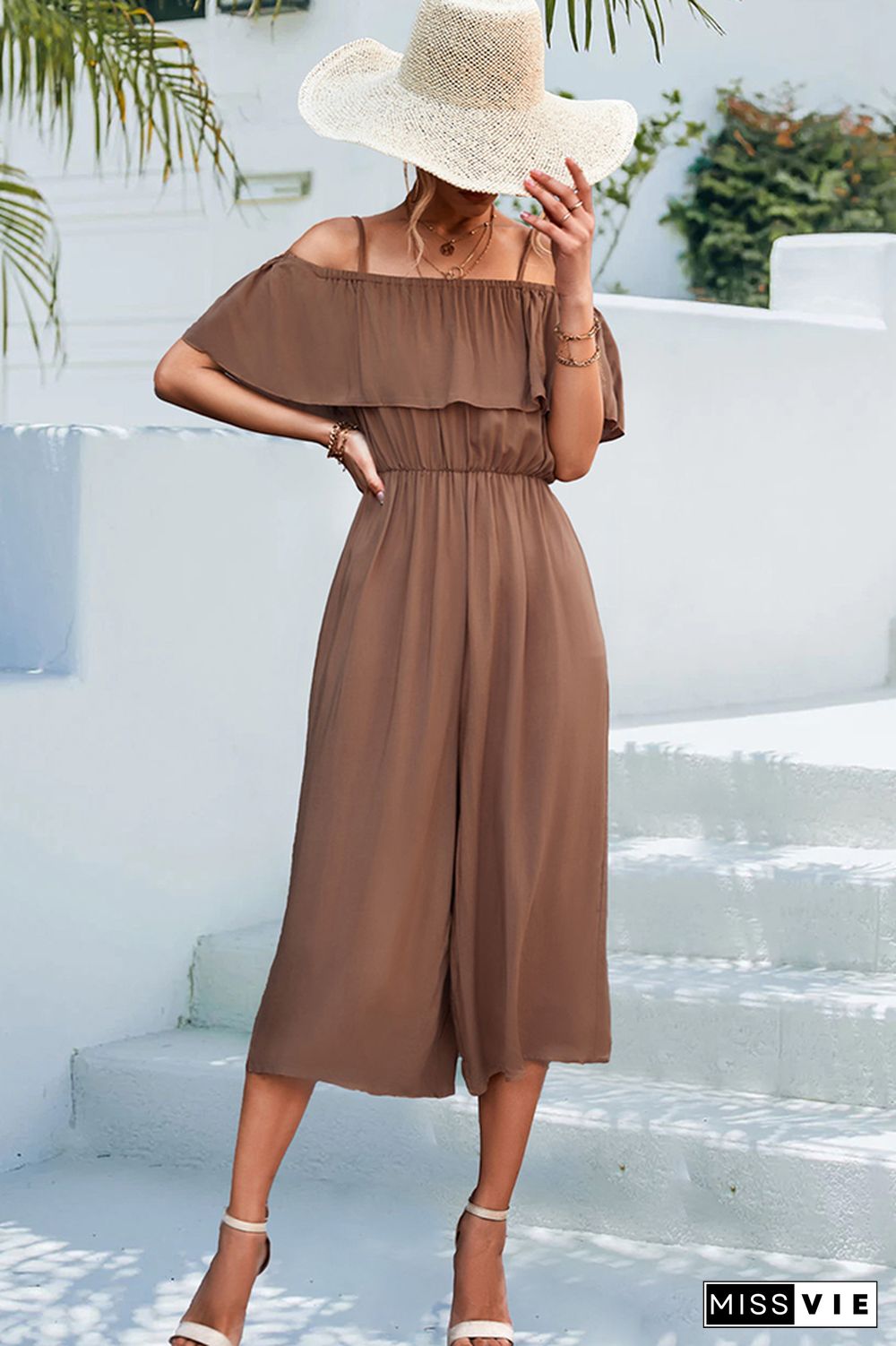 Plain Off Shoulder High Waist Wide Leg Jumpsuit