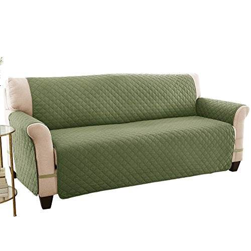 Collections Etc Reversible Quilted Loveseat Cover, Spill-Resistant with Ties - Covers Seat Bottom, Seat Back and 2 Seat Arms (LOVESEAT, OLIVE/SAGE)