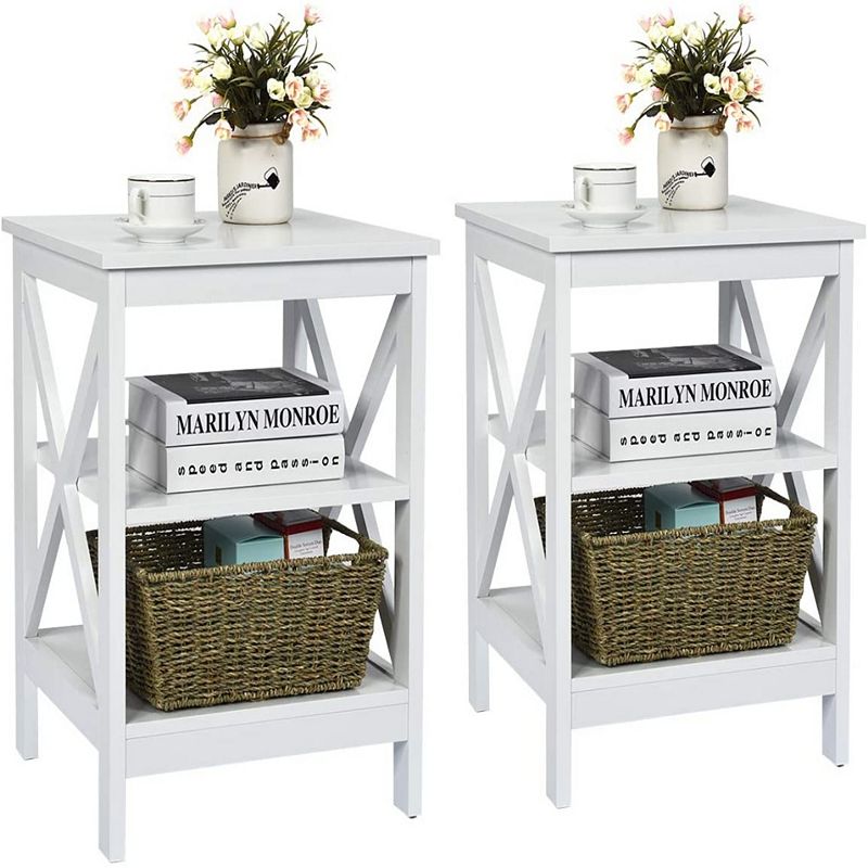 2 Piece 3-Tier X-Design Nightstands with Storage Shelves for Living Room Bedroom