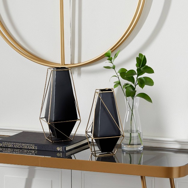 Set Of 2 Metal Geometric Vase With Outer Frame Black gold Olivia amp May