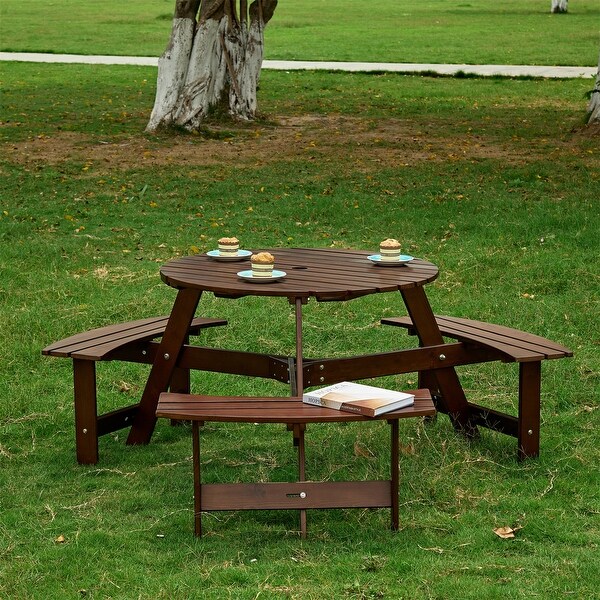 Outdoor Round Picnic Table with 3 Builtin Benches and Umbrella Hole