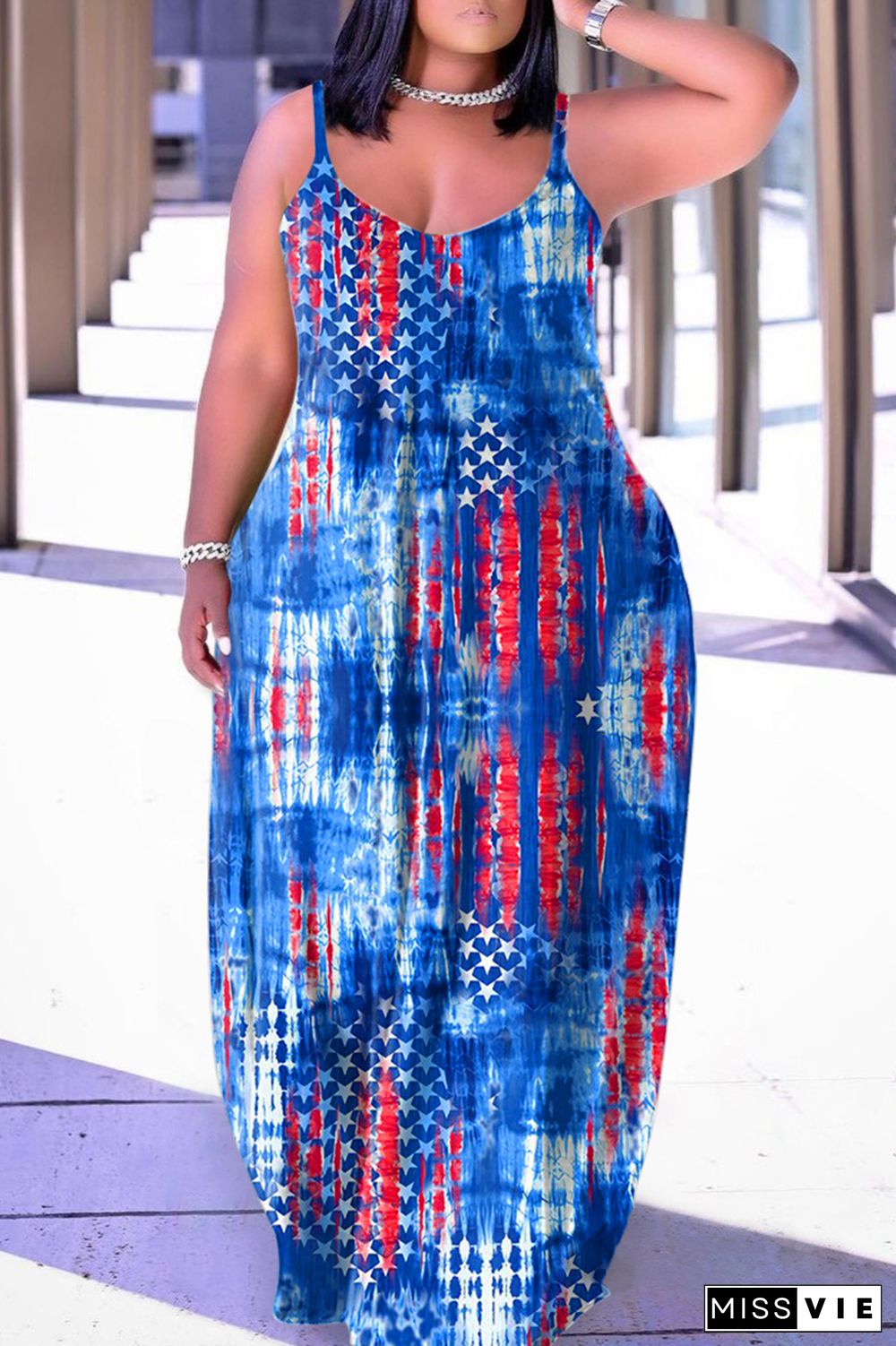 Dark Blue Red Sexy Casual Print Backless Spaghetti Strap Long Dress Dresses