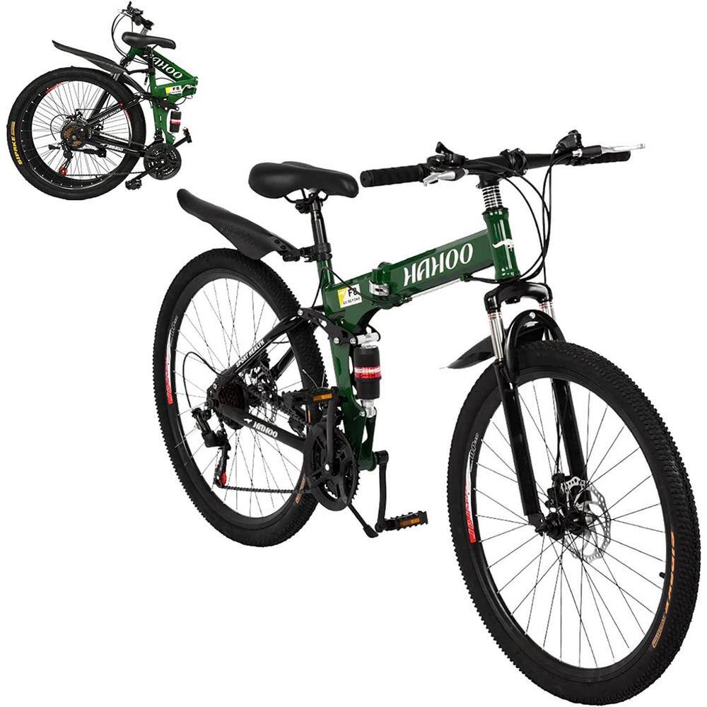 Afoxsos BlackGreen 26 inch 21 Speed Folding Mountain Bike with Carbon Steel Frame Double Disc Brake and Dual Suspension HDDB1837