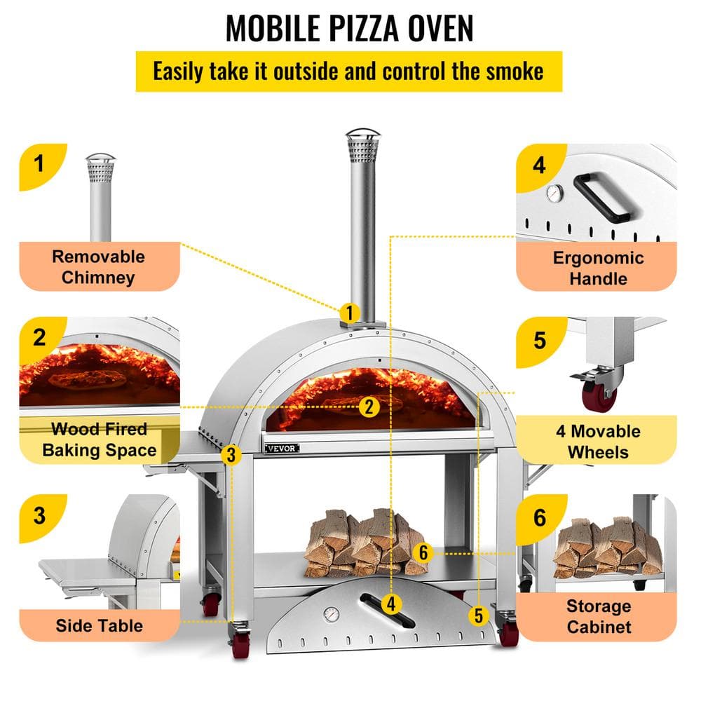 VEVOR 44 in. Wood Fired Artisan Pizza Oven Outdoor Pizza Oven 3-Layer Stainless Steel Pizza Maker with Wheels HWPSKXTJY44INAY7CV0