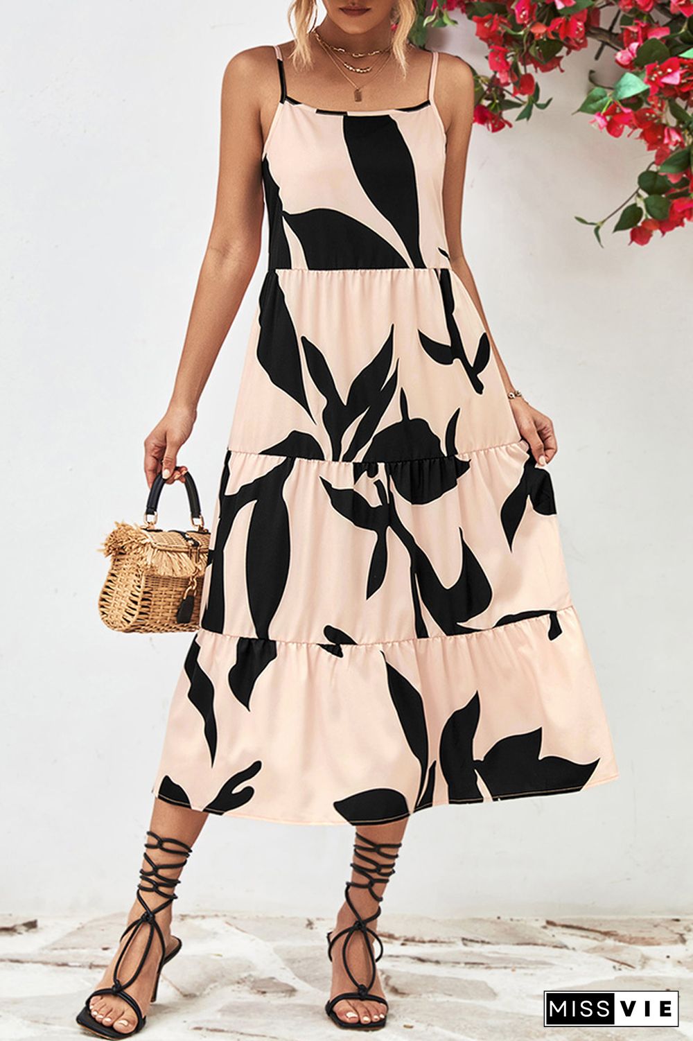 Printed Spaghetti Strap Tiered Maxi Dress