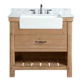 Ari Kitchen and Bath Marina 36 in. Single Bath Vanity in Driftwood with Marble Vanity Top in Carrara White with White Farmhouse Basin AKB-MARINA-36DW