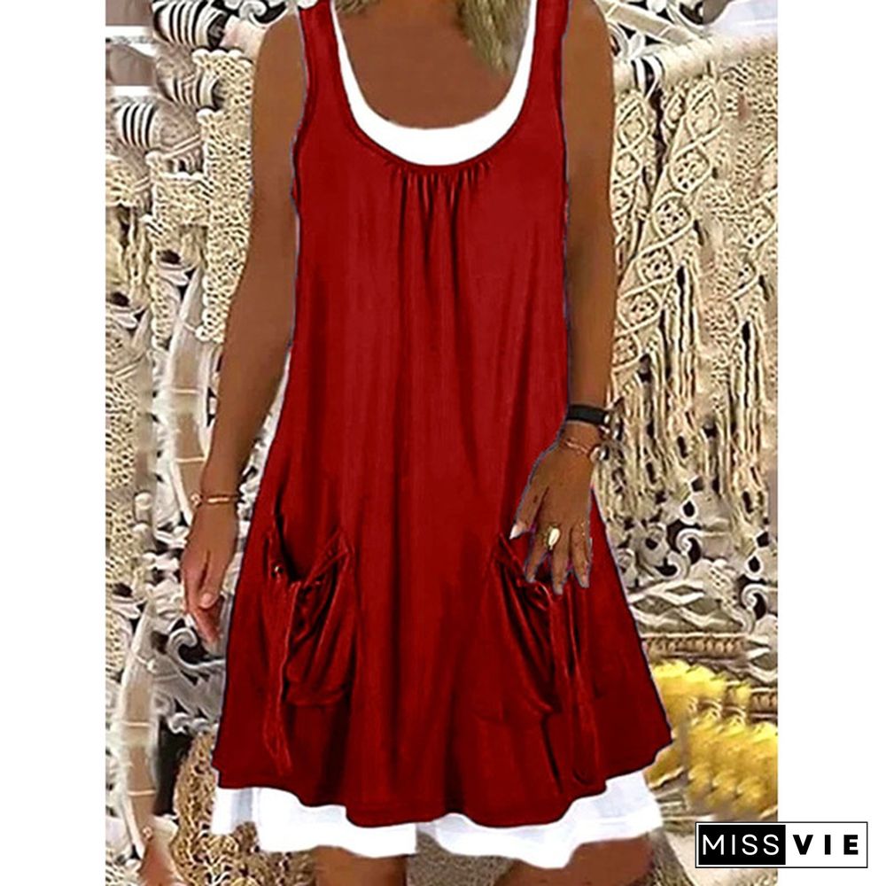 Xs-8Xl Summer Dress Plus Size Fashion Clothes Women's Casual Beach Wear Sleeveless Tank Top Dresses With Pockets Ladies Off Shoulder Stiching Layered Party Dress O-Neck Cotton Blending Loose Dress