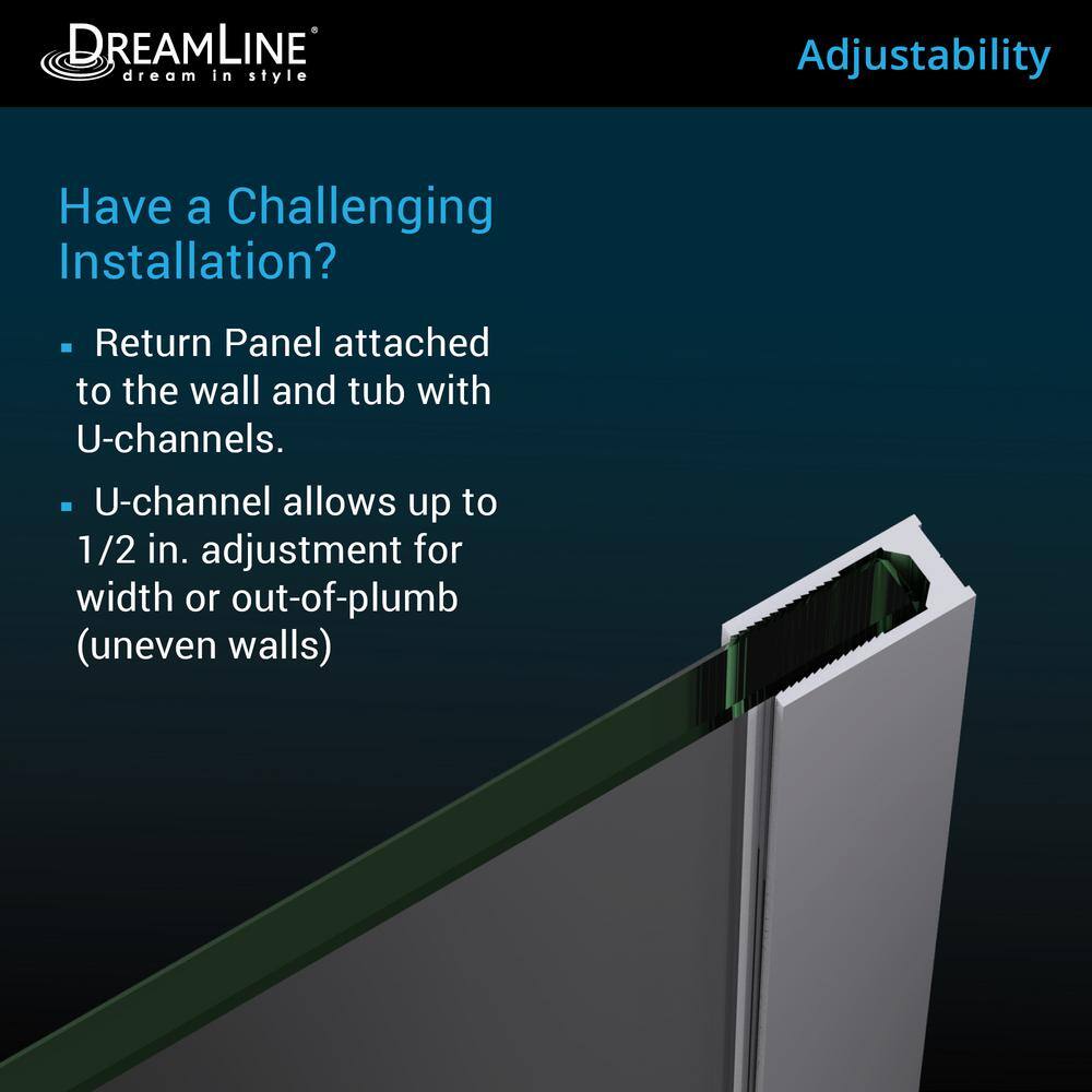 DreamLine Aqua Uno 56-60 in. W x 30 in. D x 58 in. H Frameless Hinged Tub Door with Return Panel in Satin Black SHDR3534586RT09