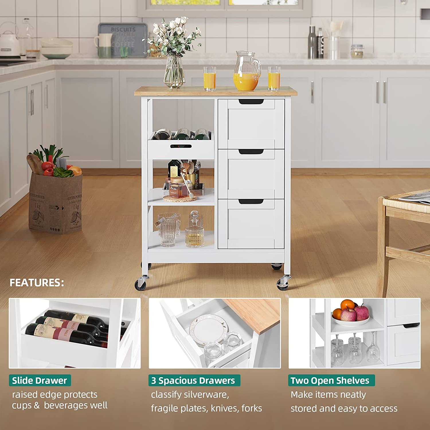 DWVO Kitchen Island Cart with Storage， Rolling Serving Utility Trolley Cart On Wheel with 3 Drawers and 3 Storage Shelves， White