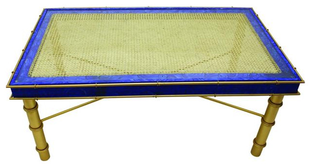 Lapis Sapphire Blue Long Gold Coffee Table Art Deco Bamboo Vintage Style   Tropical   Coffee Tables   by My Swanky Home  Houzz