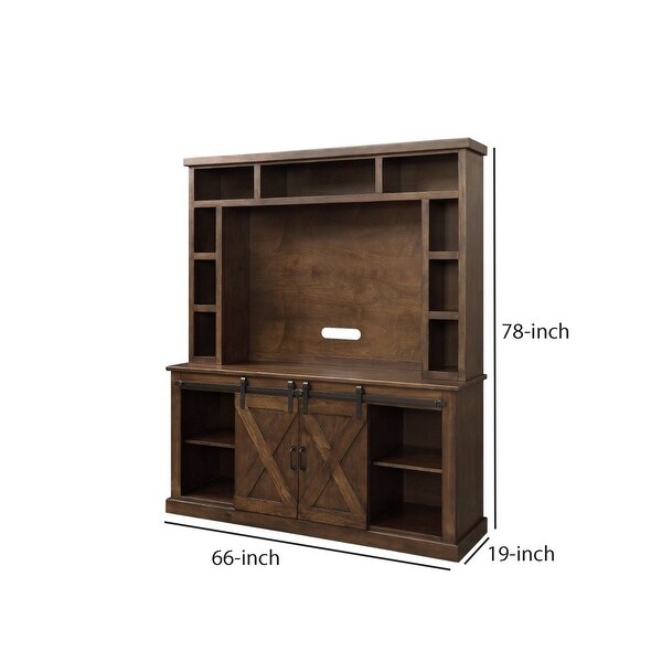 Wood Entertainment Center， 9 Open Compartments， Barn Sliding Doors， Brown