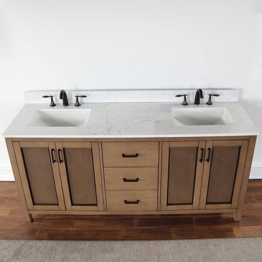 Altair Hadiya 72 in. W x 22 in. D x 34 in. H Bath Vanity in Brown Pine with Carrara White Composite Stone Top 542072-BR-AW-NM