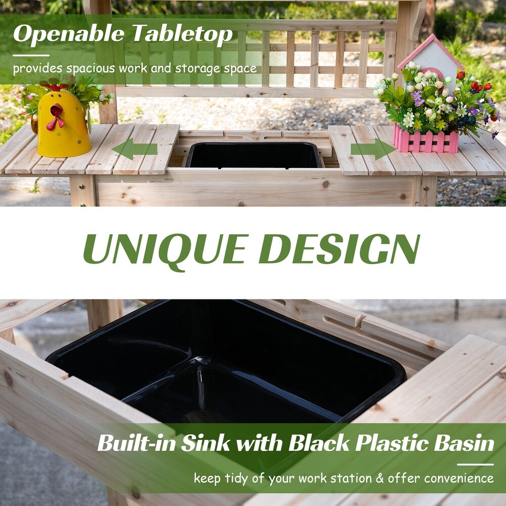 Outsunny 39'' x 18'' x 55'' Wood Garden Potting Work Table with Hidden Storage  Sink Basin    Below Clapboard