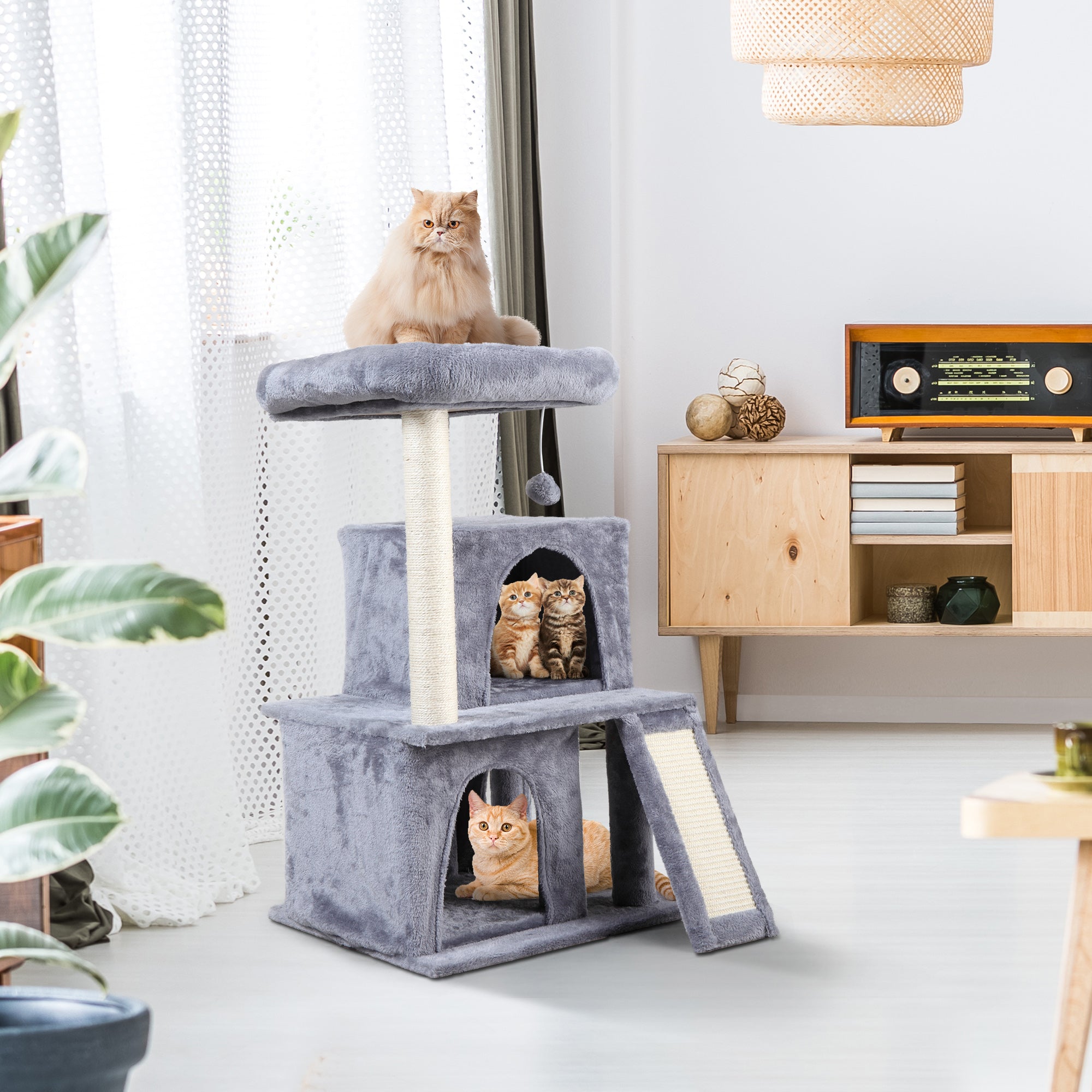 Jaxpety 34-in Cat Tree and Condo Scratching Post Tower， Light Gray