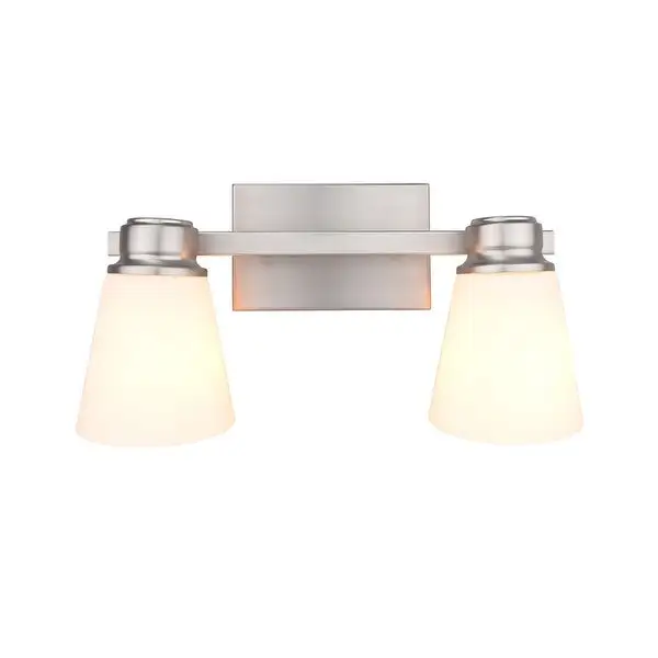 Jordan 2-Light Vanity Light in Satin Nickel with Frosted White Glass Shades - 15.12 x 8.12 x 6.87