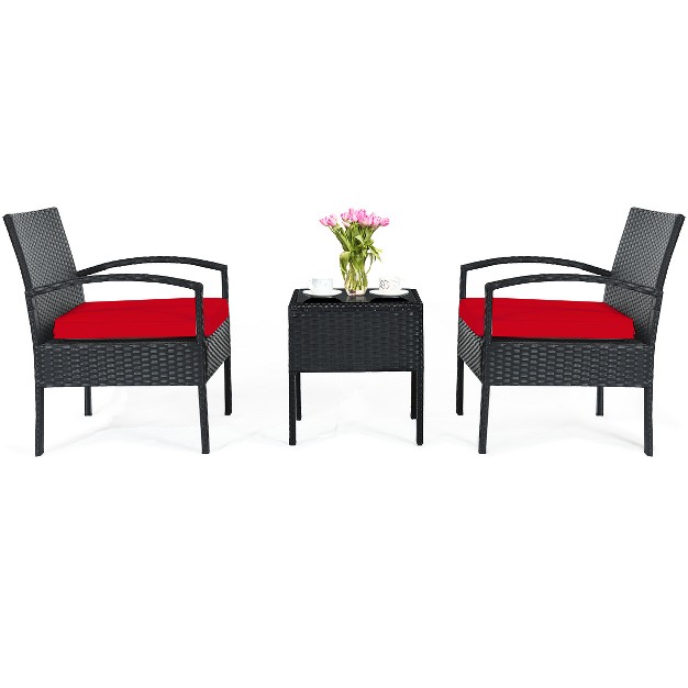 Tangkula 3 Pieces Patio Set Outdoor Wicker Rattan Furniture W Cushions Red